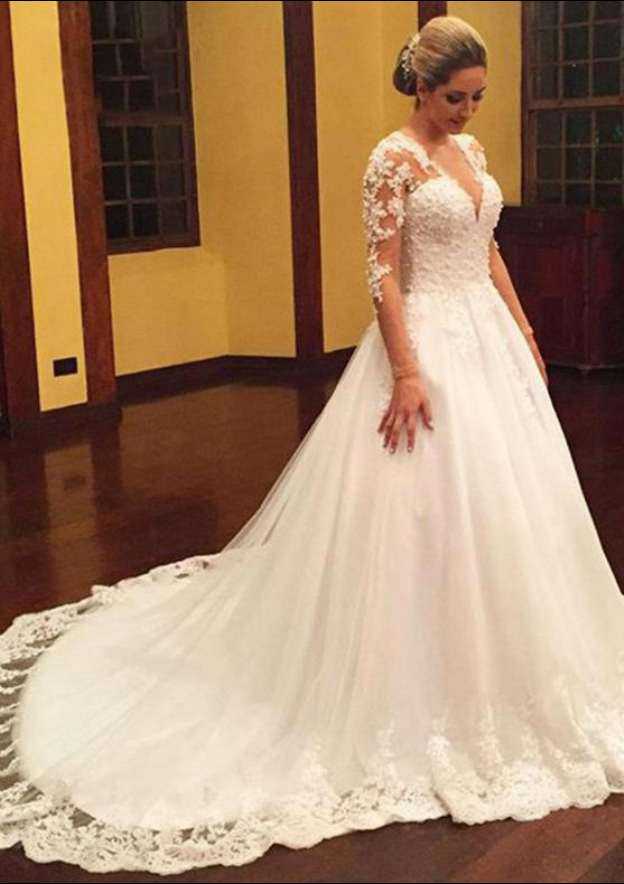 Tulle Court Train A-Line/Princess Full/Long Sleeve V-Neck Covered Button Wedding Dress With Appliqued