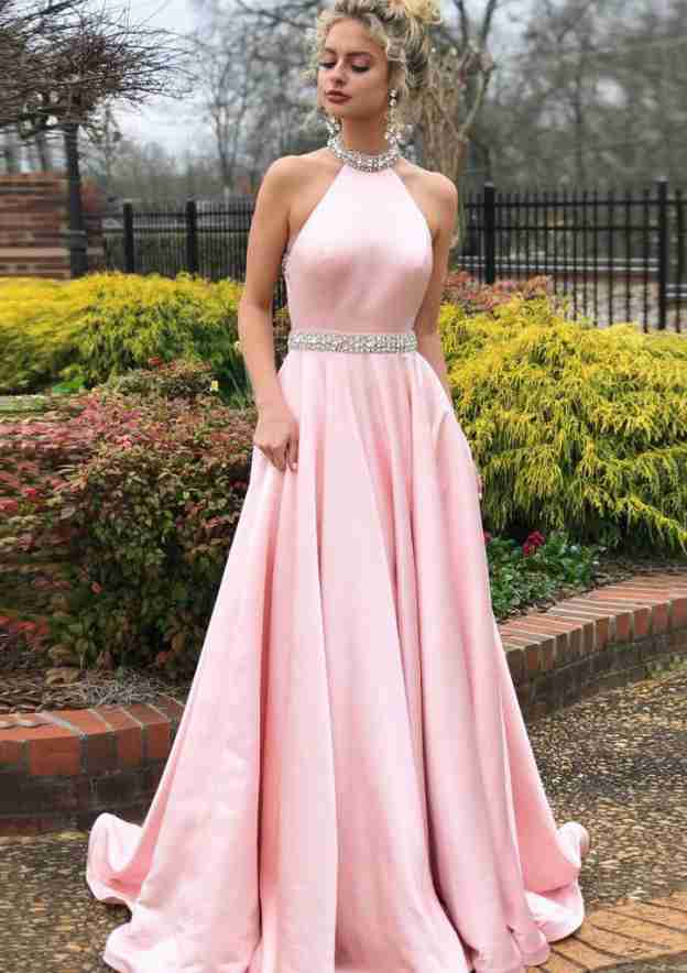 high neck prom dresses Square-Neck Long Halter Dress with Ruffles Light Blue / Medium This lace halter dress has a deep v High Neck Prom Dresses, 200+