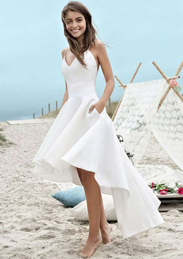 A-line/Princess V Neck Sleeveless Asymmetrical Satin Wedding Dress