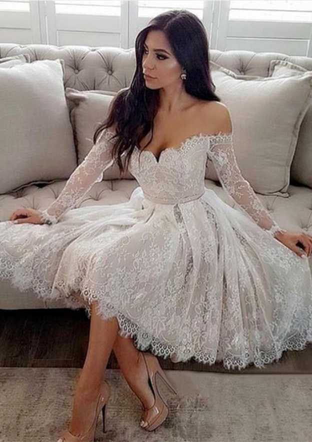 A-line/Princess Off-the-Shoulder Full/Long Sleeve Knee-Length Lace Wedding Dress