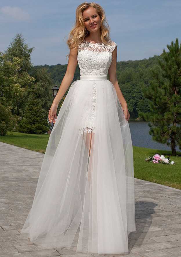 A-line/Princess Bateau Sleeveless Detachable/Knock-down Lace Wedding Dress