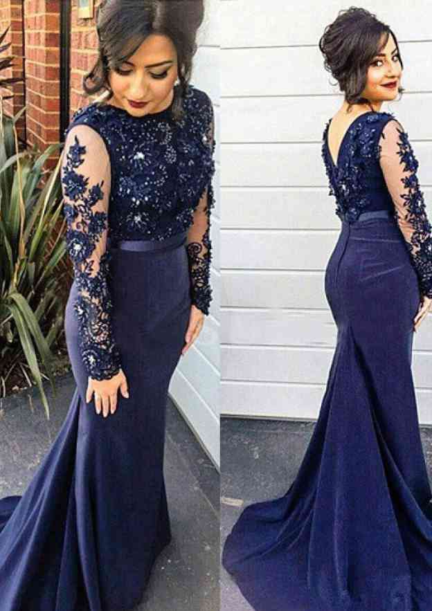 Sheath/Column Scoop Neck Full/Long Sleeve Sweep Train Elastic Satin Prom Dress With Beading Appliqued