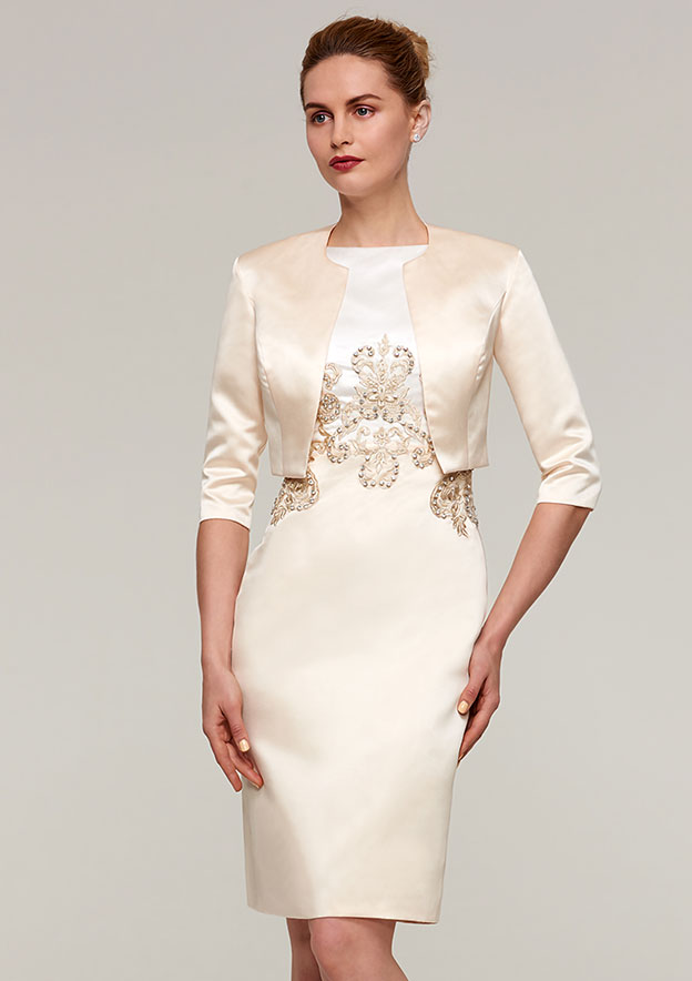 Sheath/Column Bateau Sleeveless Knee-Length Satin Mother of the Bride Dress With Jacket Appliqued Beading