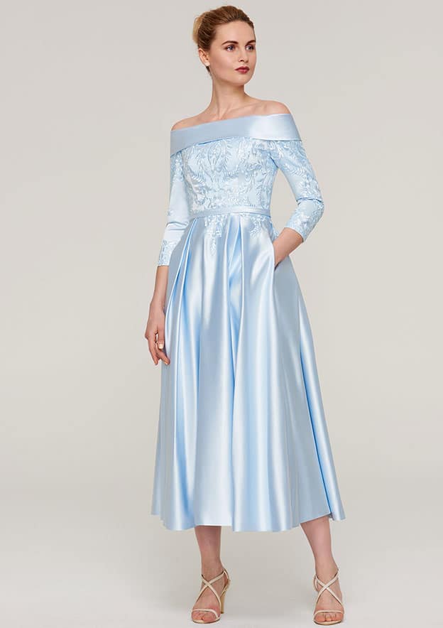 A-line/Princess Off-the-Shoulder 3/4 Sleeve Tea-Length Satin Mother of the Bride Dress With Appliqued Sashes