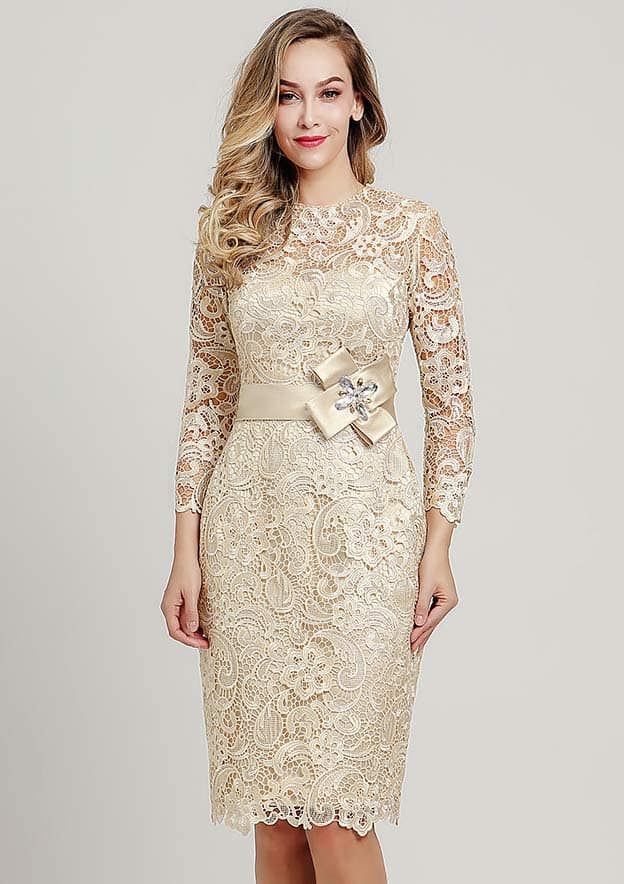 beige sheath dress with sleeves Beige Wedding Guest Dress Long Sleeve Open back Midi Dress for Women