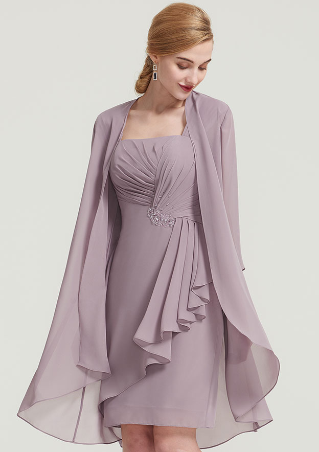 Sheath/Column Square Neckline Sleeveless Knee-Length Chiffon Mother of the Bride Dress With Jacket Pleated