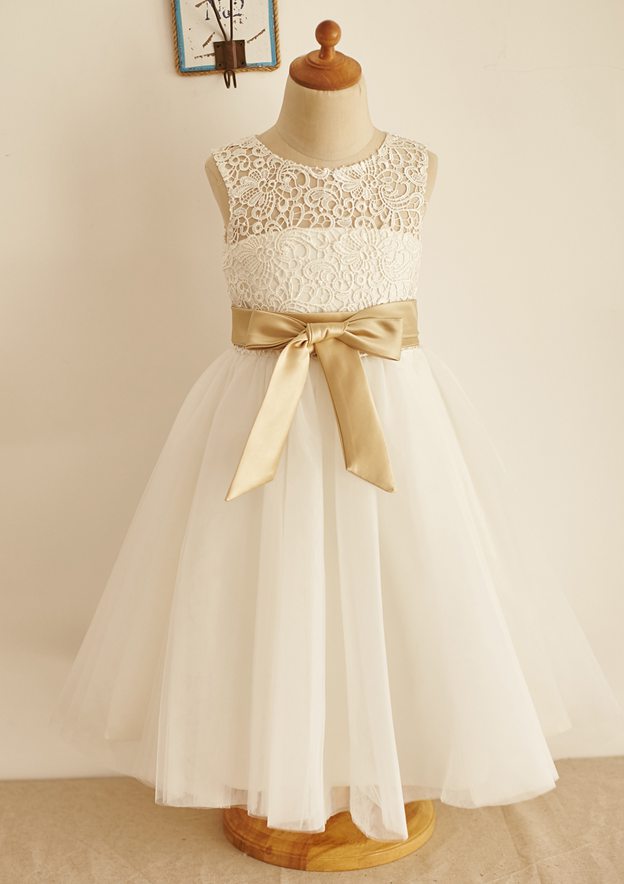 Ball Gown Illusion Neck Long/Floor-Length Lace Tulle Flower Girl Dress With Sashes