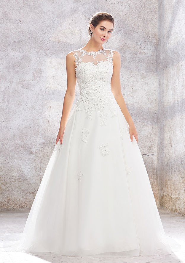 Ball Gown Princess Illusion Neck Organza Tulle Lace Sweep Train Wedding Dress With Sequins Beading