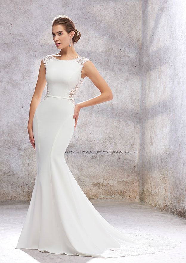 mermaid wedding dress with cathedral train Mermaid Wedding Dress With Ruffle Train Elegant... From Crystalxubridal,  $366.25