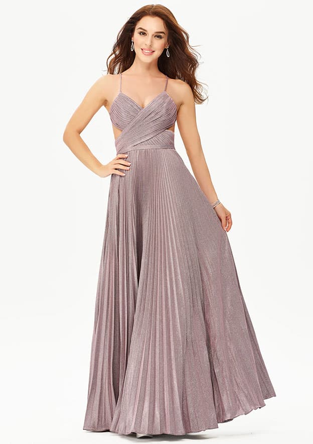 A-line V Neck Sleeveless Knit Long/Floor-Length Prom Dress With Pleated Glitter