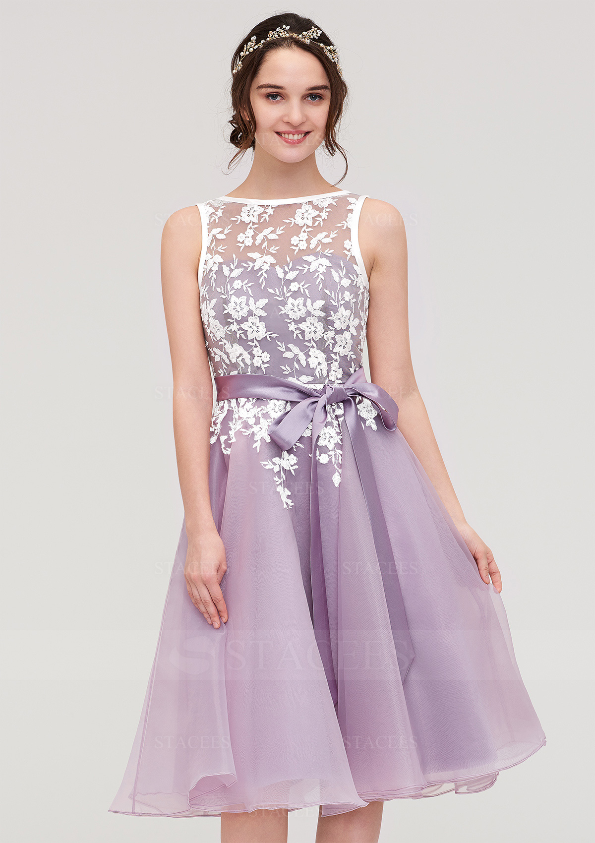 Vestido línea a escote bandeja organdí de seda hasta la rodilla vestido de dama de honor