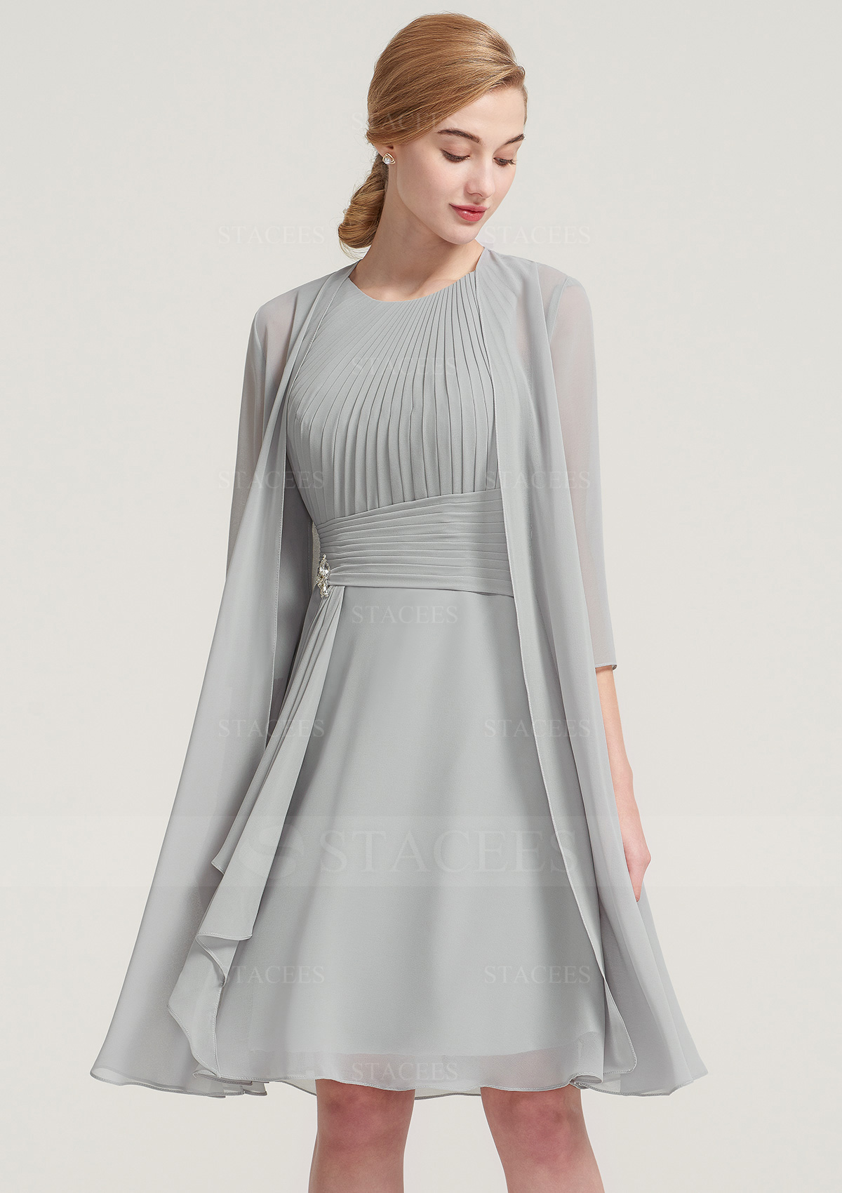 knee length 3/4 sleeve dresses A-line/Princess Scoop Neck Knee-Length Chiffon Mother of the Bride Dress With Jacket Pleated Beading casual knee length dresses