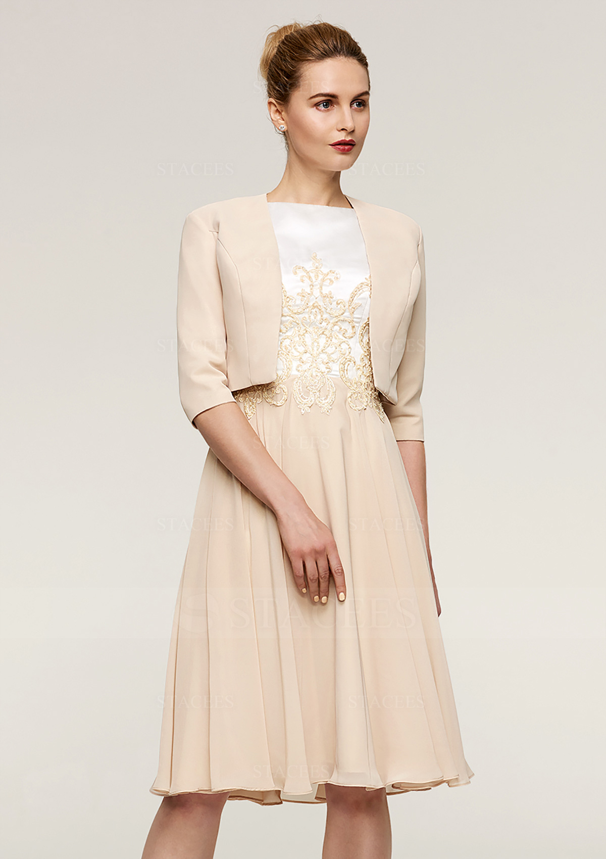 A-line/Princess Bateau Sleeveless Knee-Length Chiffon Mother of the Bride Dress With Appliqued Jacket