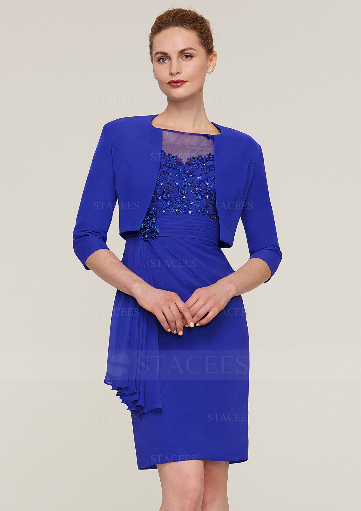 Sheath/Column Bateau Half Sleeve Knee-Length Chiffon Mother of the Bride Dress With Jacket Appliqued Beading Pleated
