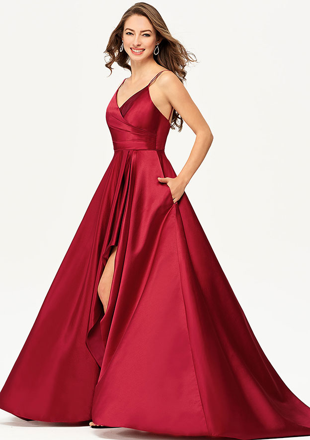 Princess A-line V Neck Sleeveless Satin Asymmetrical Prom Dress With Pleated