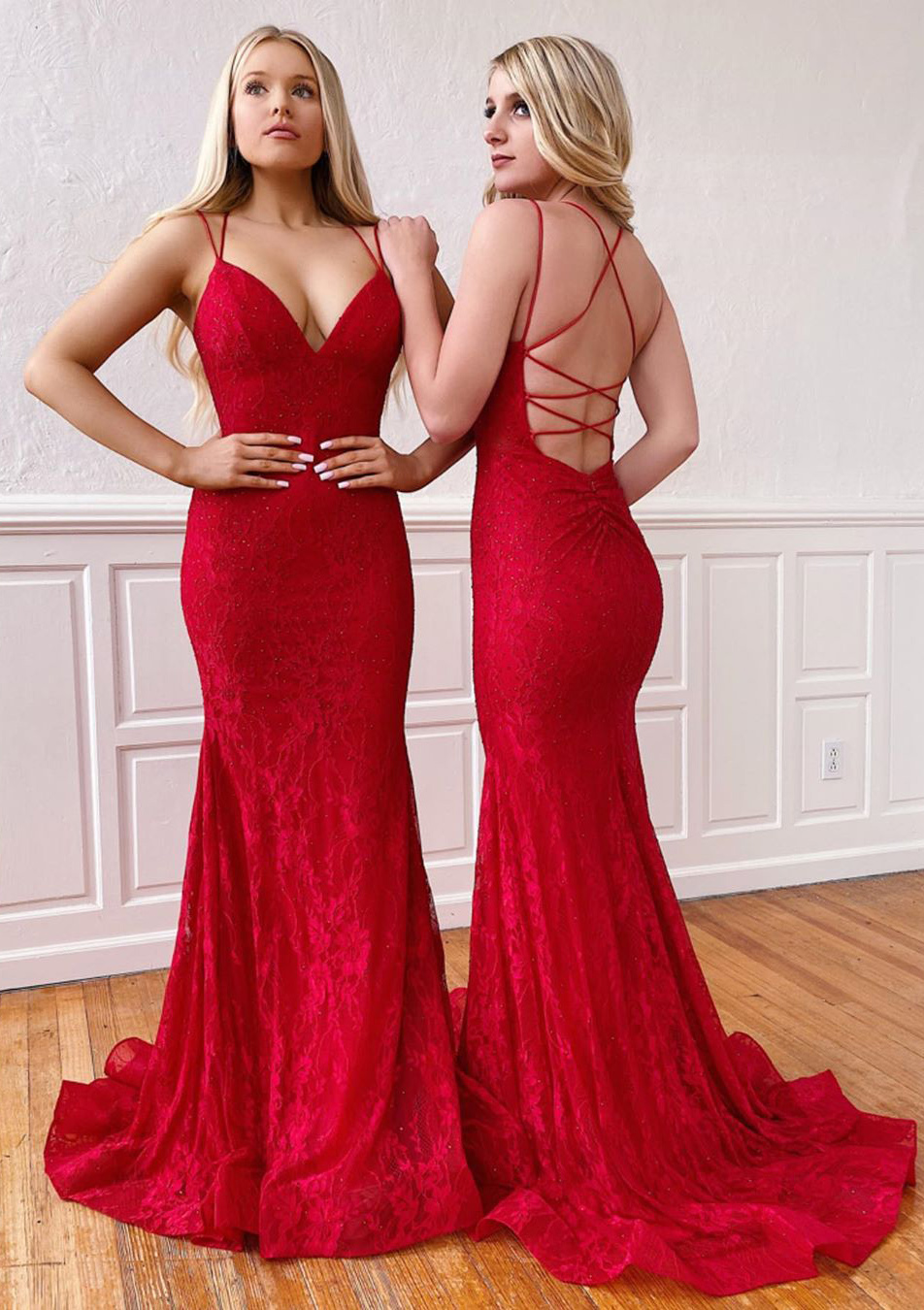 Red Trumpet/Mermaid Sleeveless Sweep Train Lace Prom Dress With Pleated - STACEES