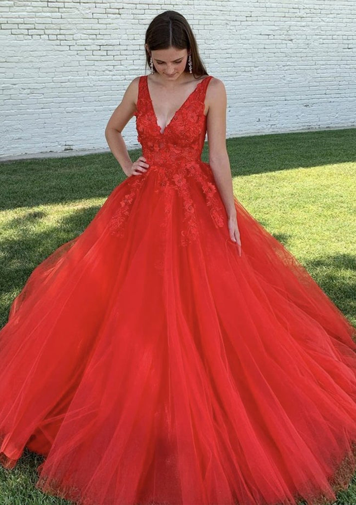 Red Ball Gown V Neck Court Train Lace Tulle Prom Dress With Appliqued Beading - STACEES