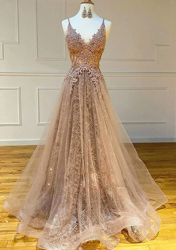 As Picture Princess V Neck Sweep Train Lace Tulle Yarn Prom Dress With Glitter - STACEES