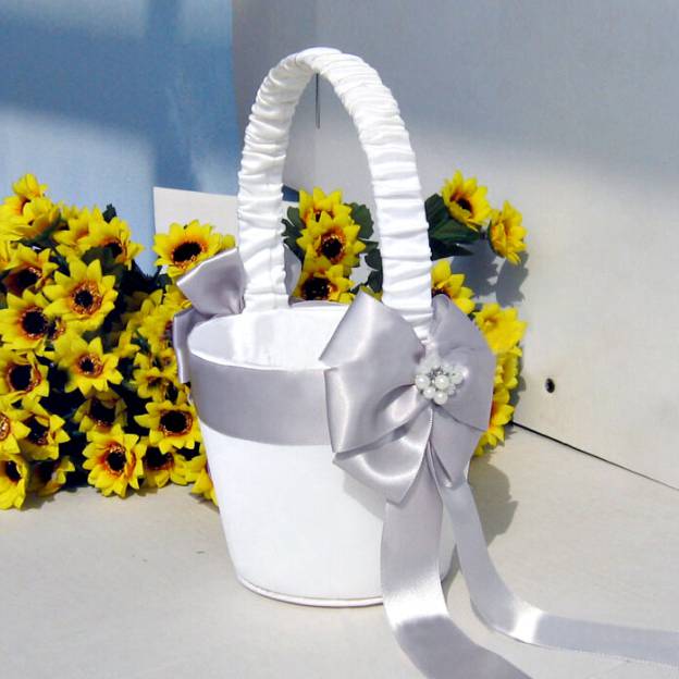 White Satin With Bowknot Wedding Flower Basket
