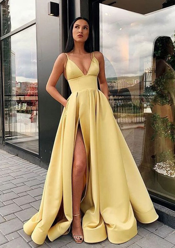 a-line princess prom dresses luxurious sweep train v-neck sleeveless A-Line V-Neck Sleeveless Sweep Train Satin Prom Dresses