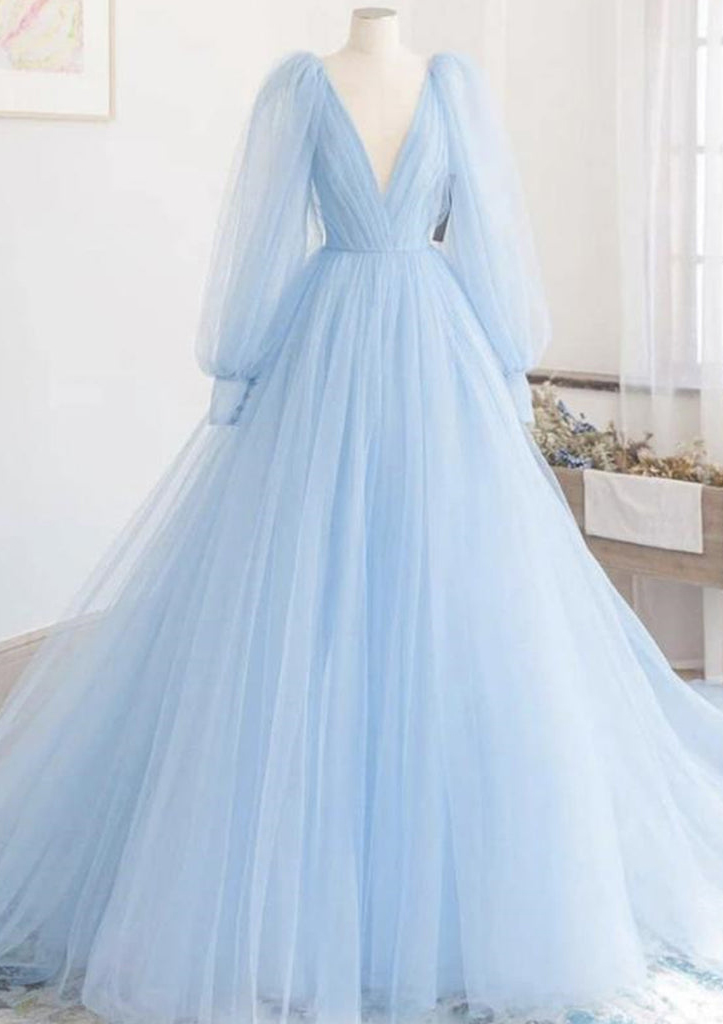 A-line Princess V Neck Full/Long Sleeve Court Train Tulle Prom Dress