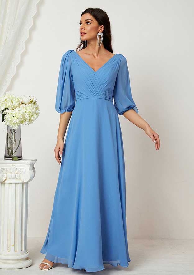 A-line V Neck Half Sleeve Chiffon Long/Floor-Length Mother of the Bride Dress With Pleated
