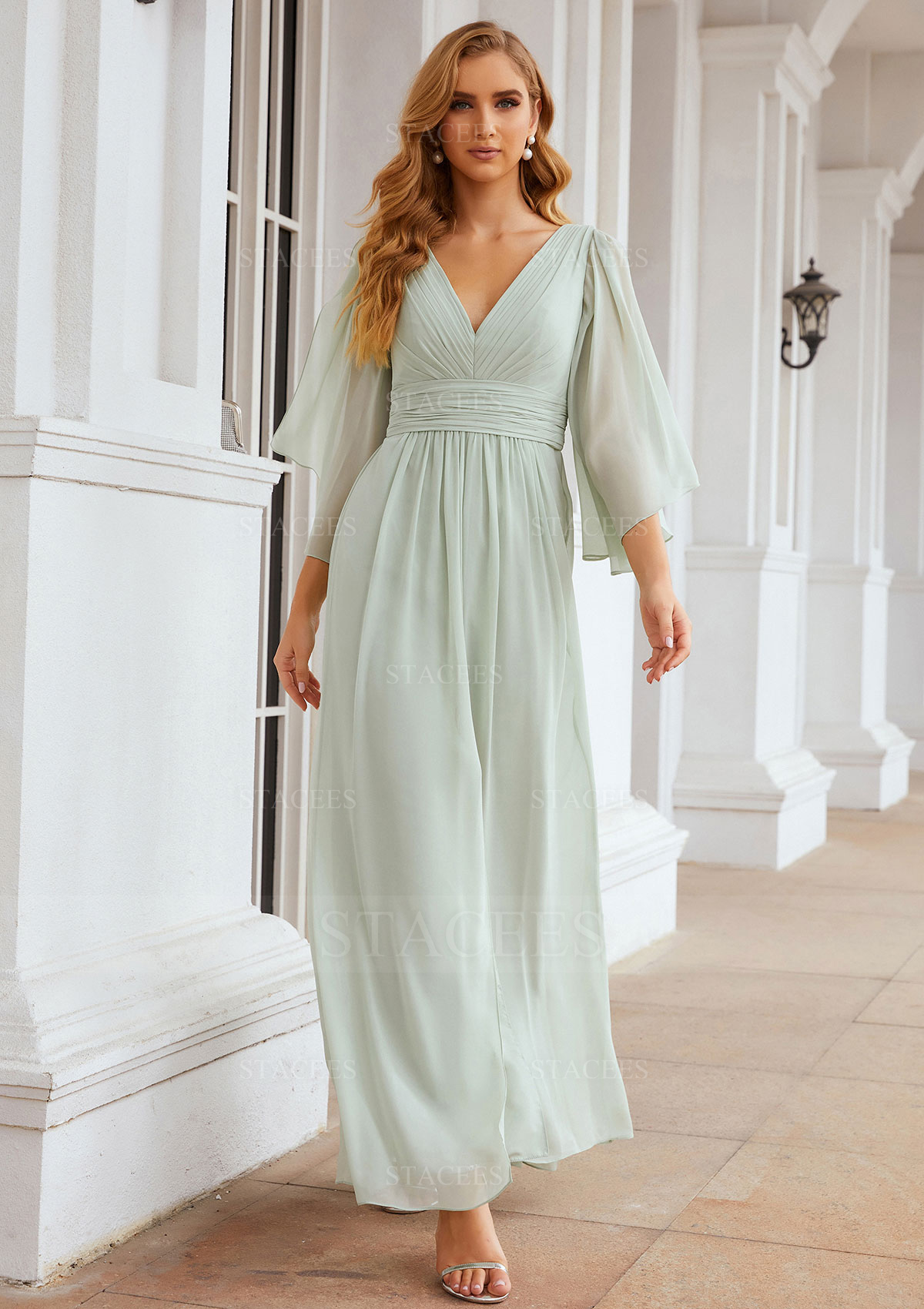 chiffon bridesmaid dresses with sleeves V-Neck Elegant Pleats Short Sleeves Long Chiffon Bridesmaid Dresses