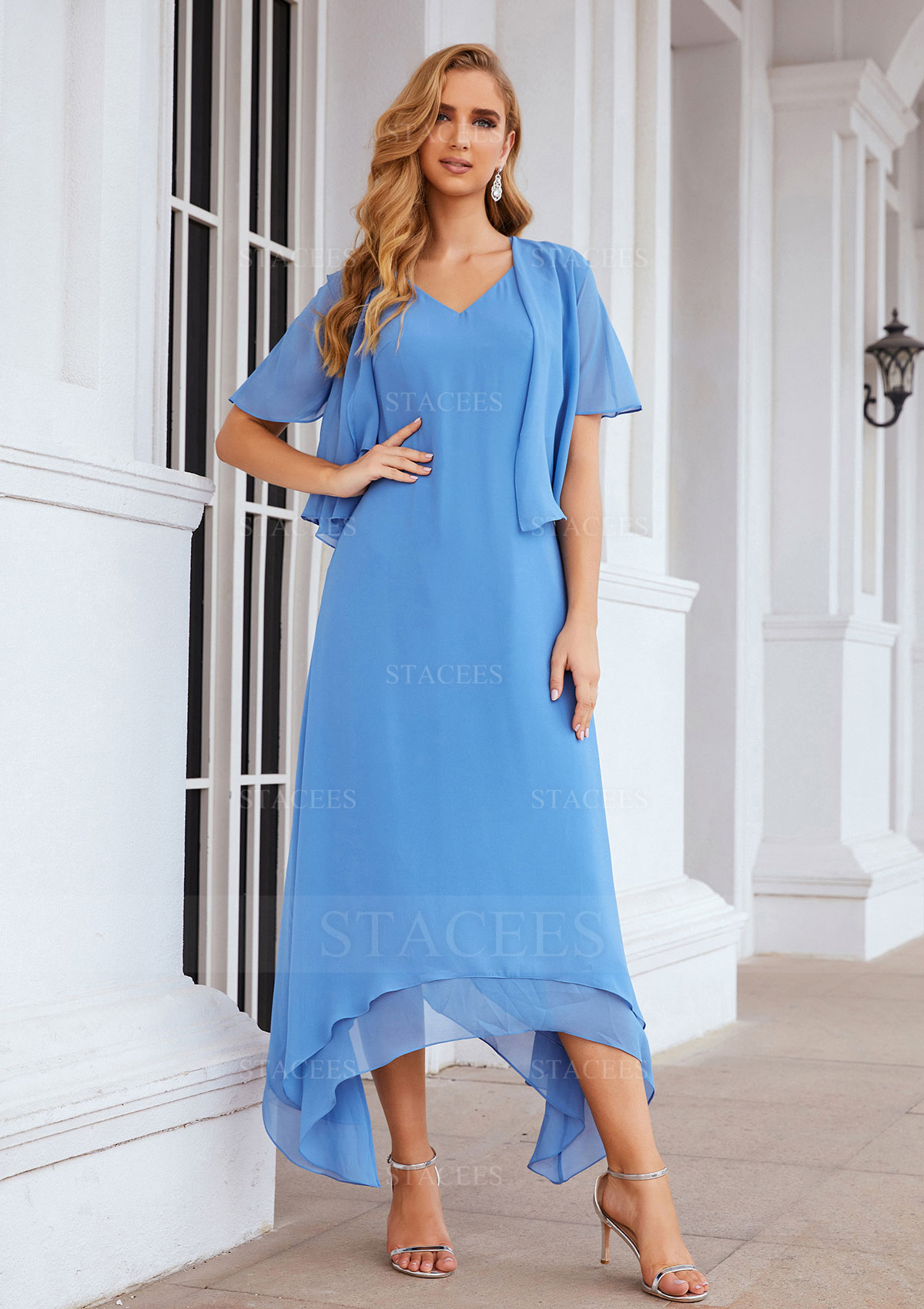 Robe trapèze col en v mousseline asymétrique robe de mère de la mariée avec veste