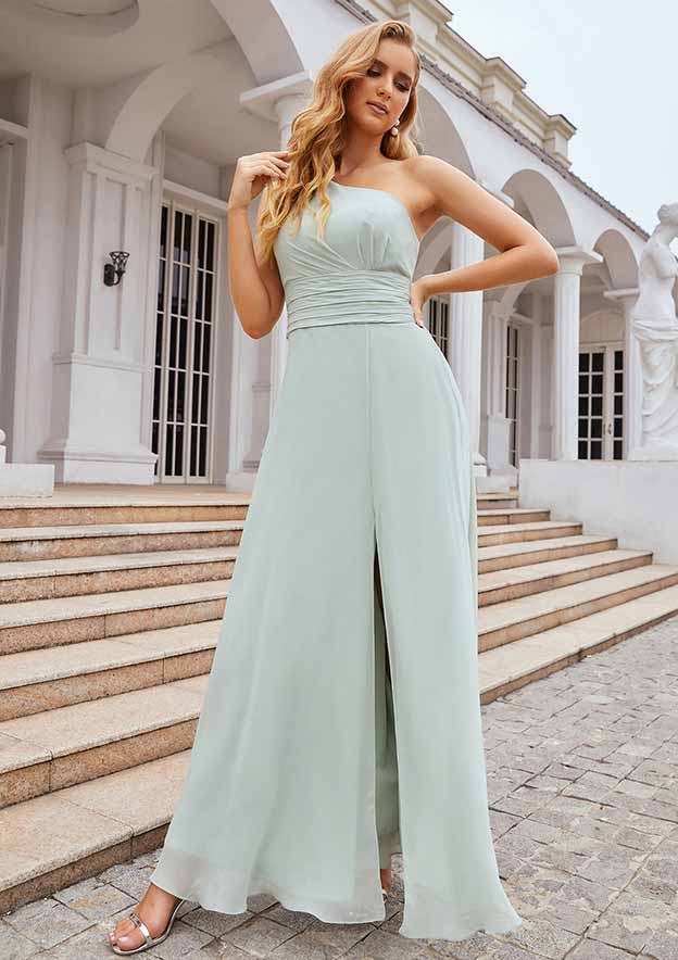 Sheath/Column One-Shoulder Sleeveless Long Chiffon Bridesmaid Dress With Pleated Waistband Split