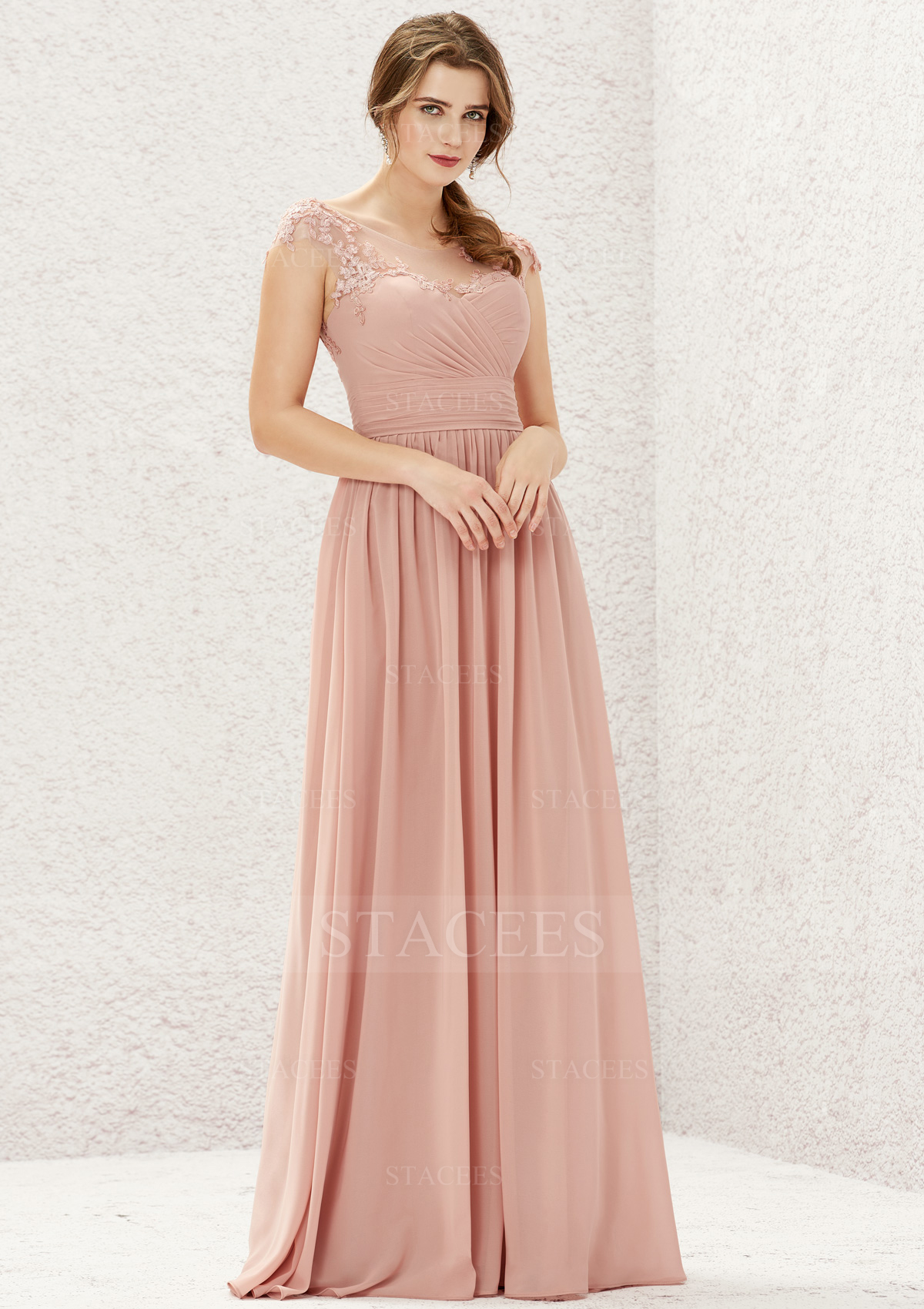 A-line Illusion Neck Sleeveless Chiffon Long/Floor-Length Bridesmaid Dress With Appliqued Pleated