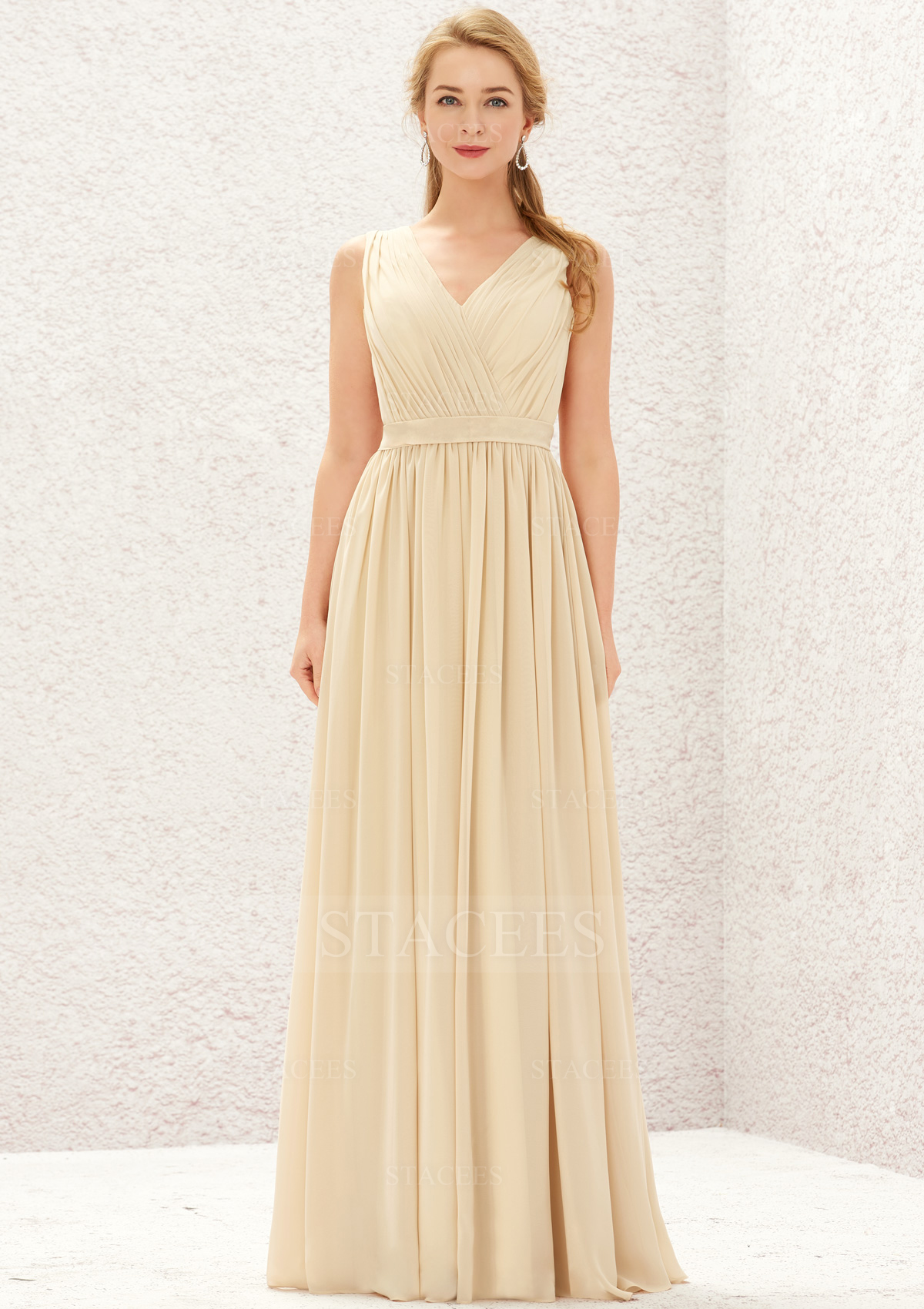 Champagne A-line V Neck Sleeveless Chiffon Long/Floor-Length Bridesmaid Dress With Appliqued Sashes Pleated - STACEES