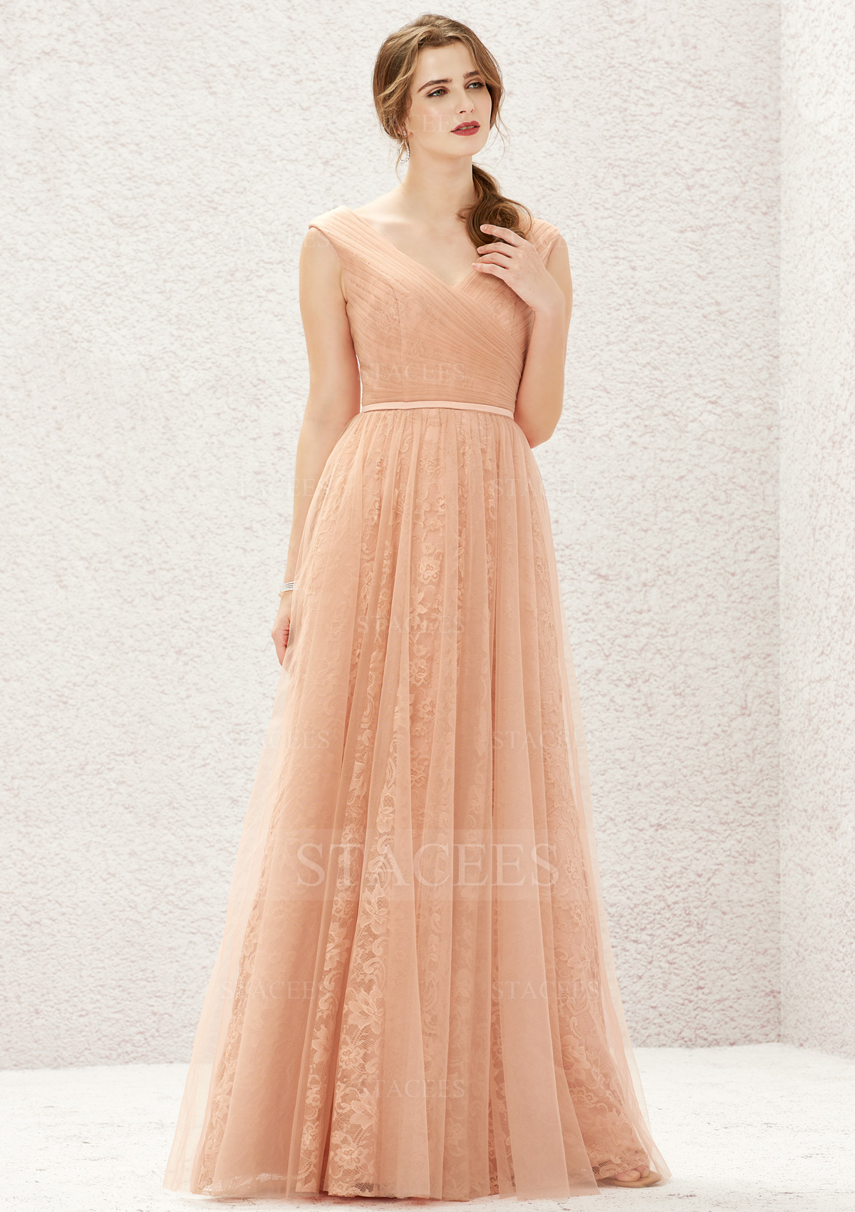 Long/Floor-Length A-line V Neck Lace Tulle Bridesmaid Dress With Pleated - Bridesmaid Dresses
