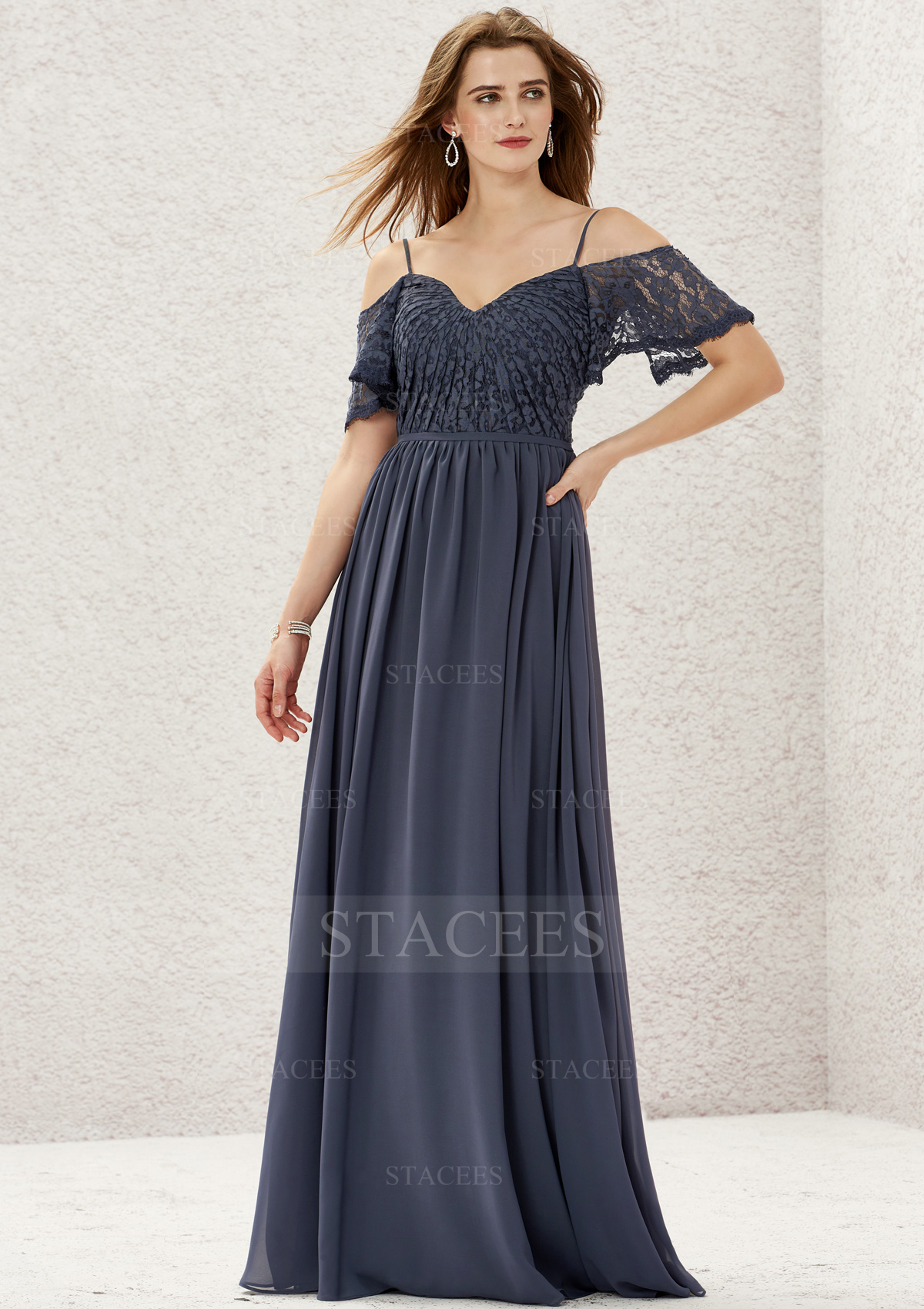 Stormy A-line Sweetheart Short Sleeve Long/Floor-Length Lace Chiffon Bridesmaid Dress With Pleated - STACEES