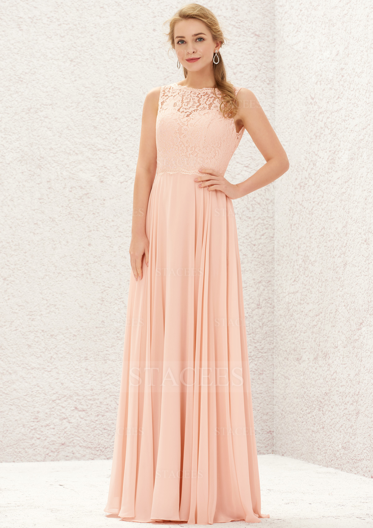 Robe trapèze bateau mousseline ras du sol robe de demoiselle d'honneur rose perle 