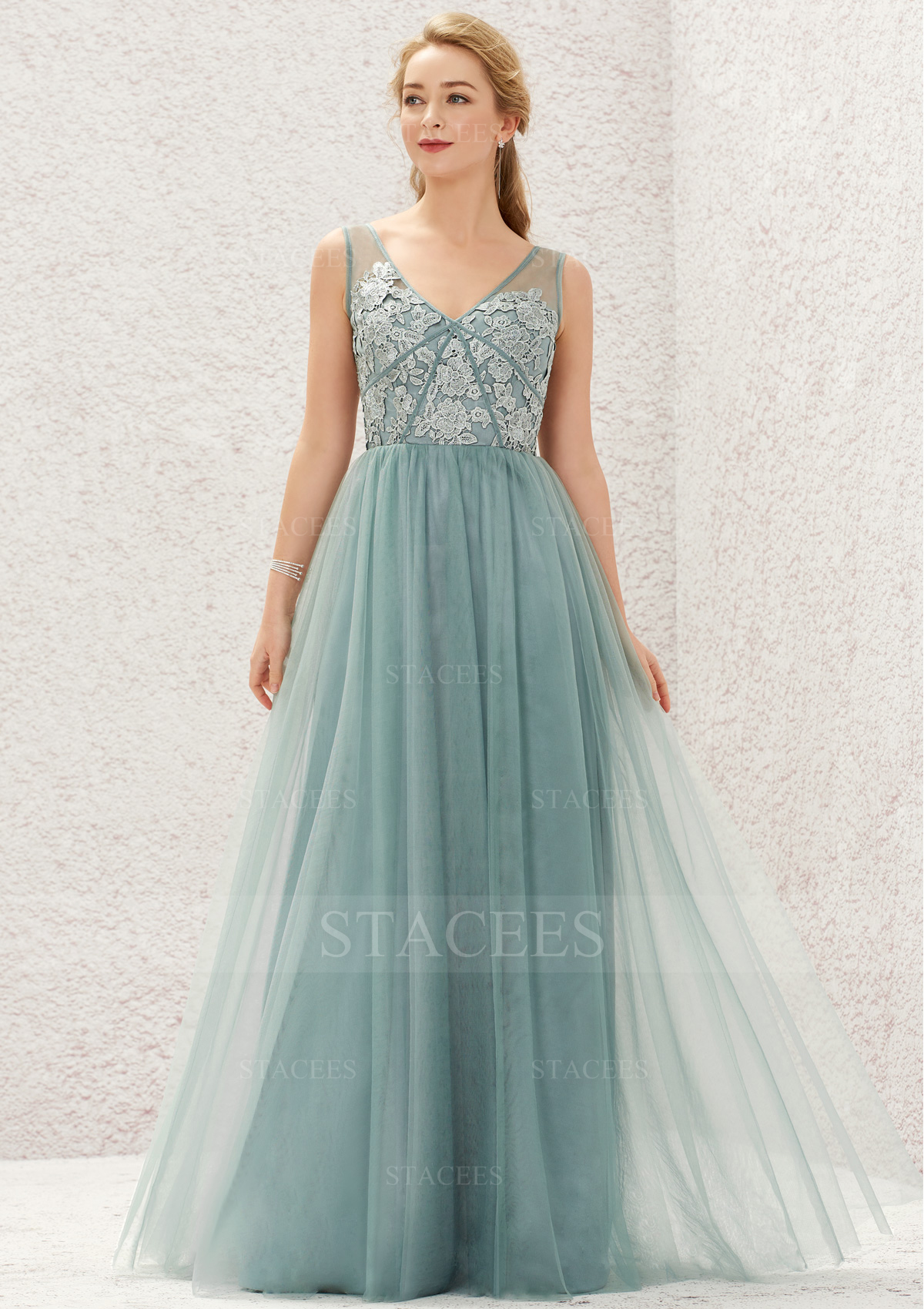 Dusty Blue A-line V Neck Sleeveless Long/Floor-Length Tulle Satin Bridesmaid Dress With Pleated Lace - STACEES