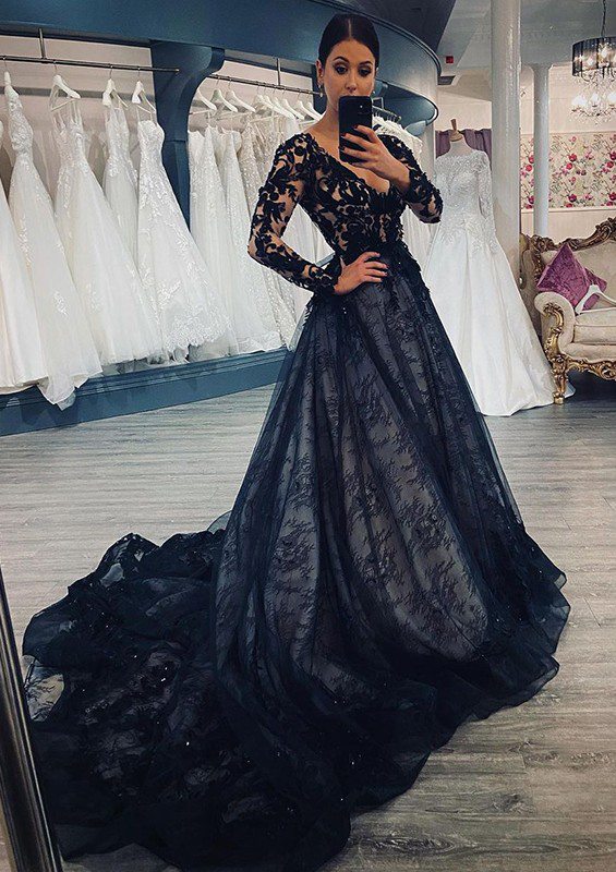 long sleeve black dress with train Black Wedding Dresses A-Line Long Sleeves Cut Out Satin Fabric Court Train Bridal Gown Free Customization