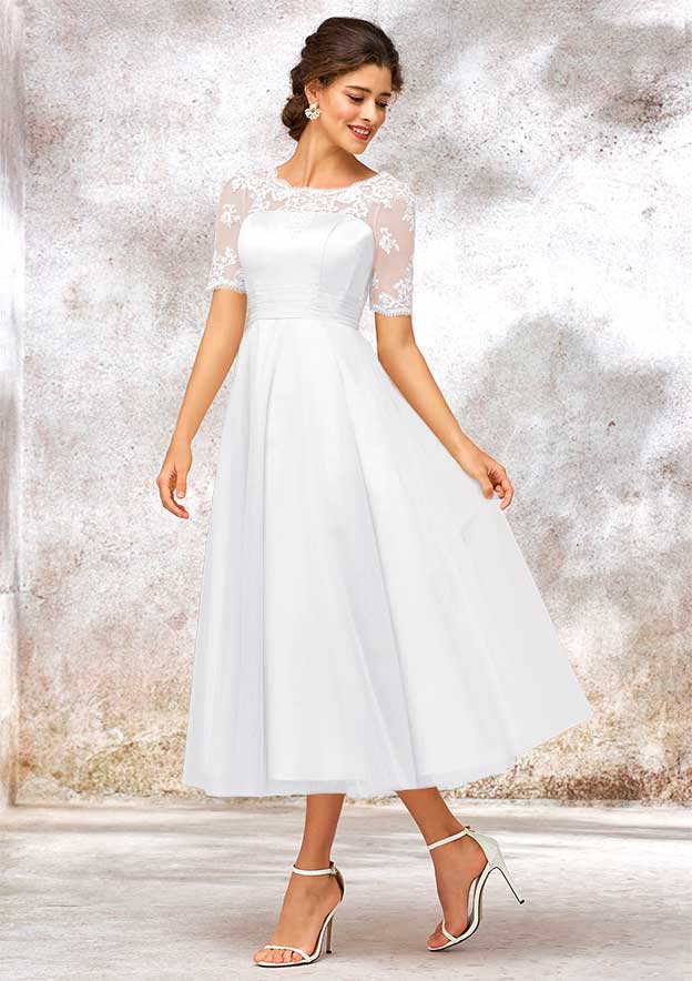 A-line Bateau Short Sleeve Tea-Length Tulle Satin Wedding Dress With Appliques Lace