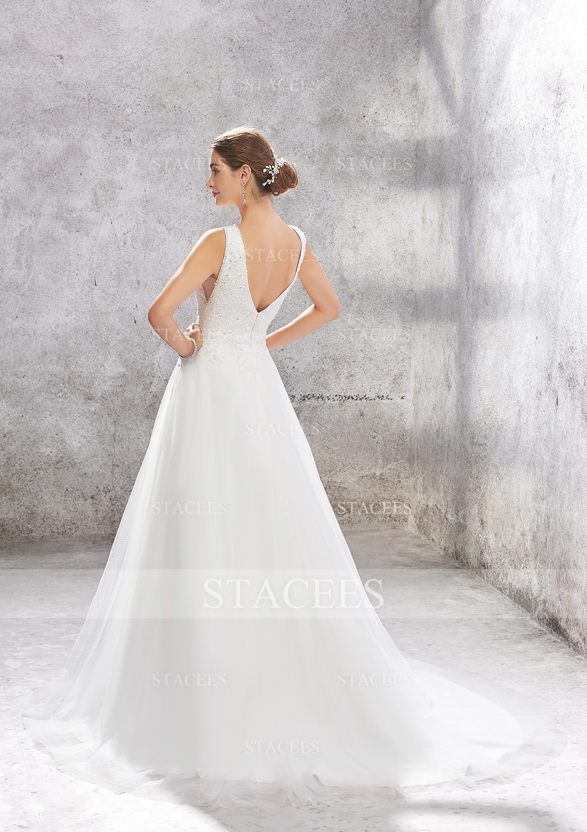 Ivory Ball Gown Princess V Neck Chapel Train Tulle Satin Wedding Dress With Lace Sequins - STACEES