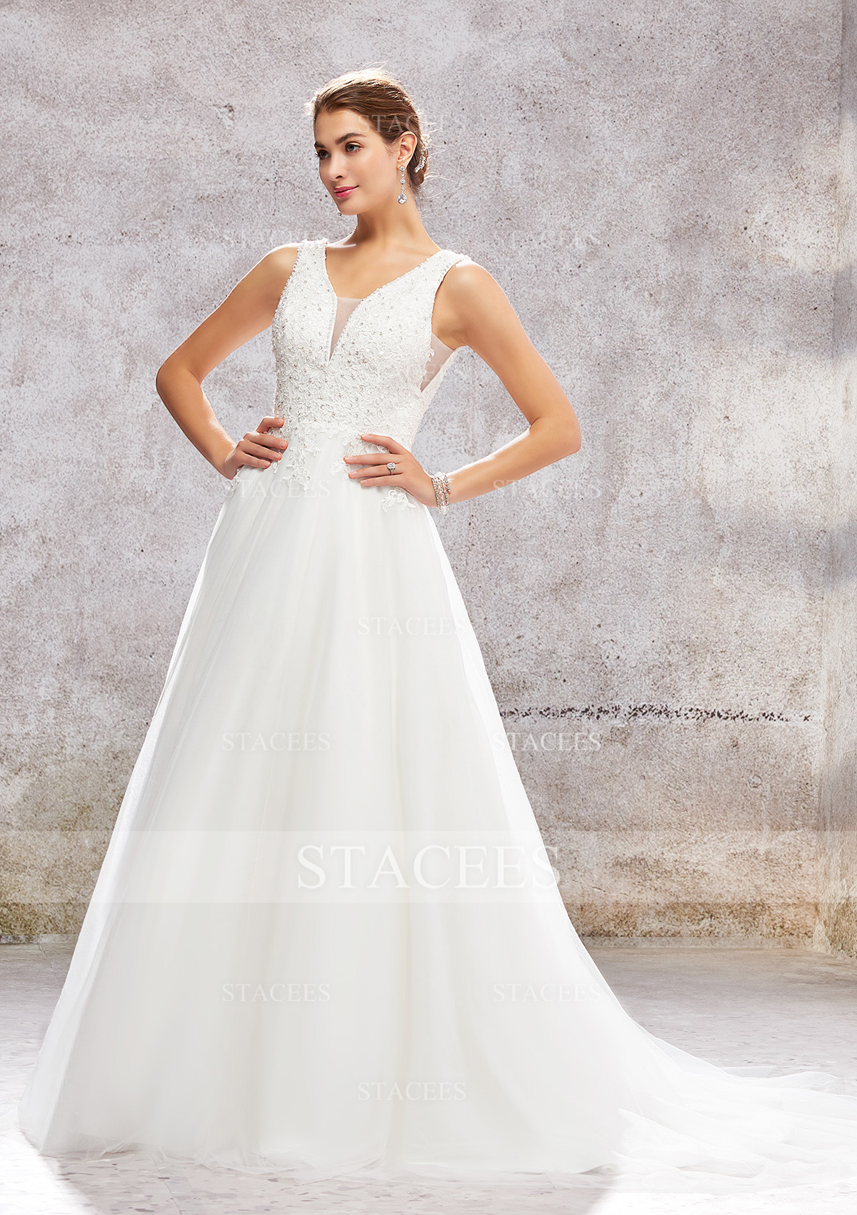 Ivory Ball Gown Princess V Neck Chapel Train Tulle Satin Wedding Dress With Lace Sequins - STACEES