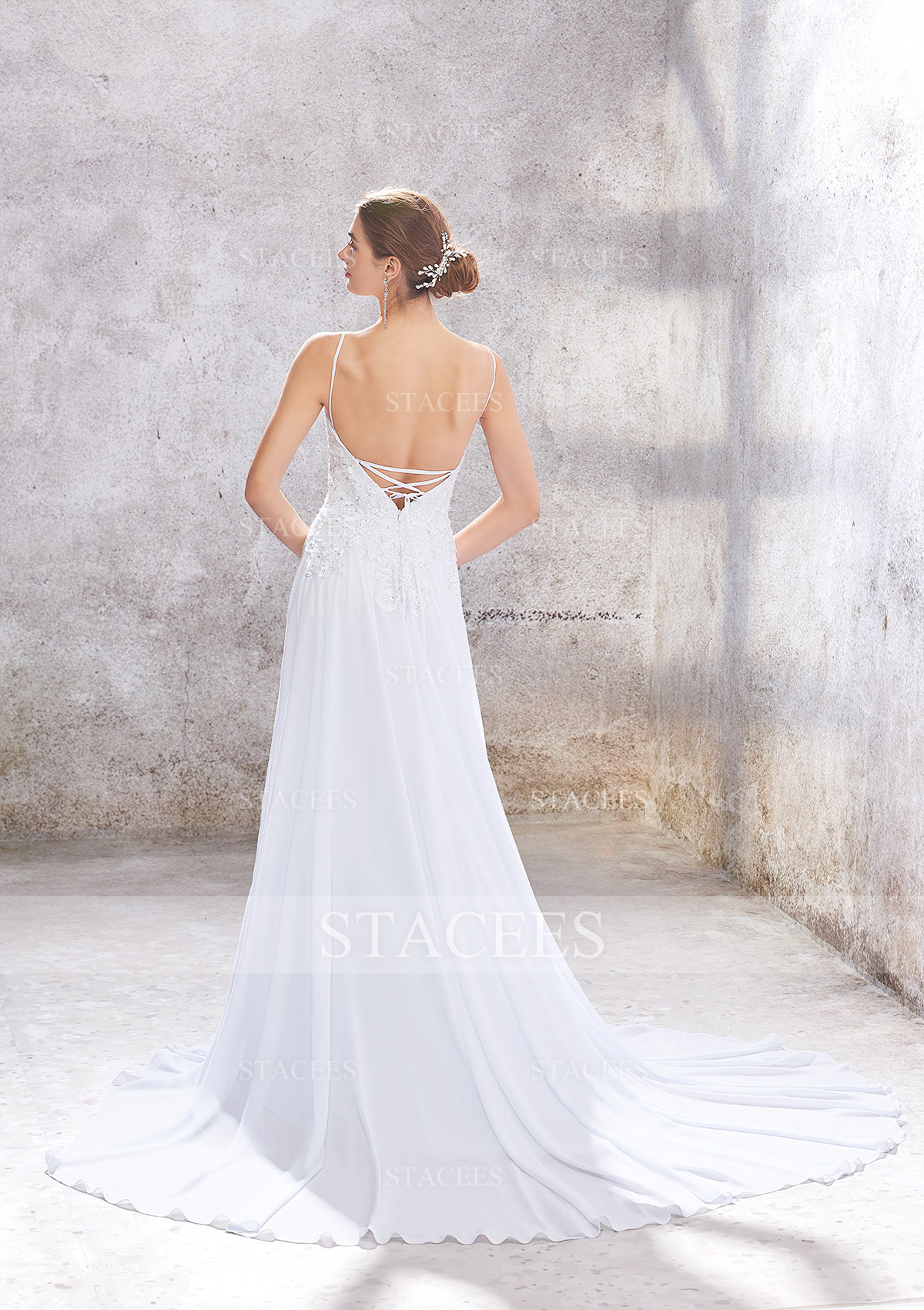 White A-line Scalloped Neck Sleeveless Court Train Chiffon Wedding Dress With Appliques Sequins - STACEES