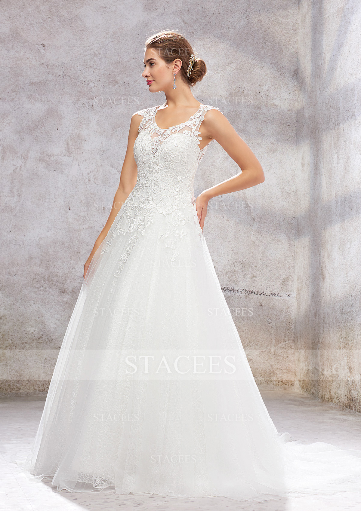 Ivory Ball Gown Princess Scoop Neck Sleeveless Court Train Lace Tulle Wedding Dress - STACEES