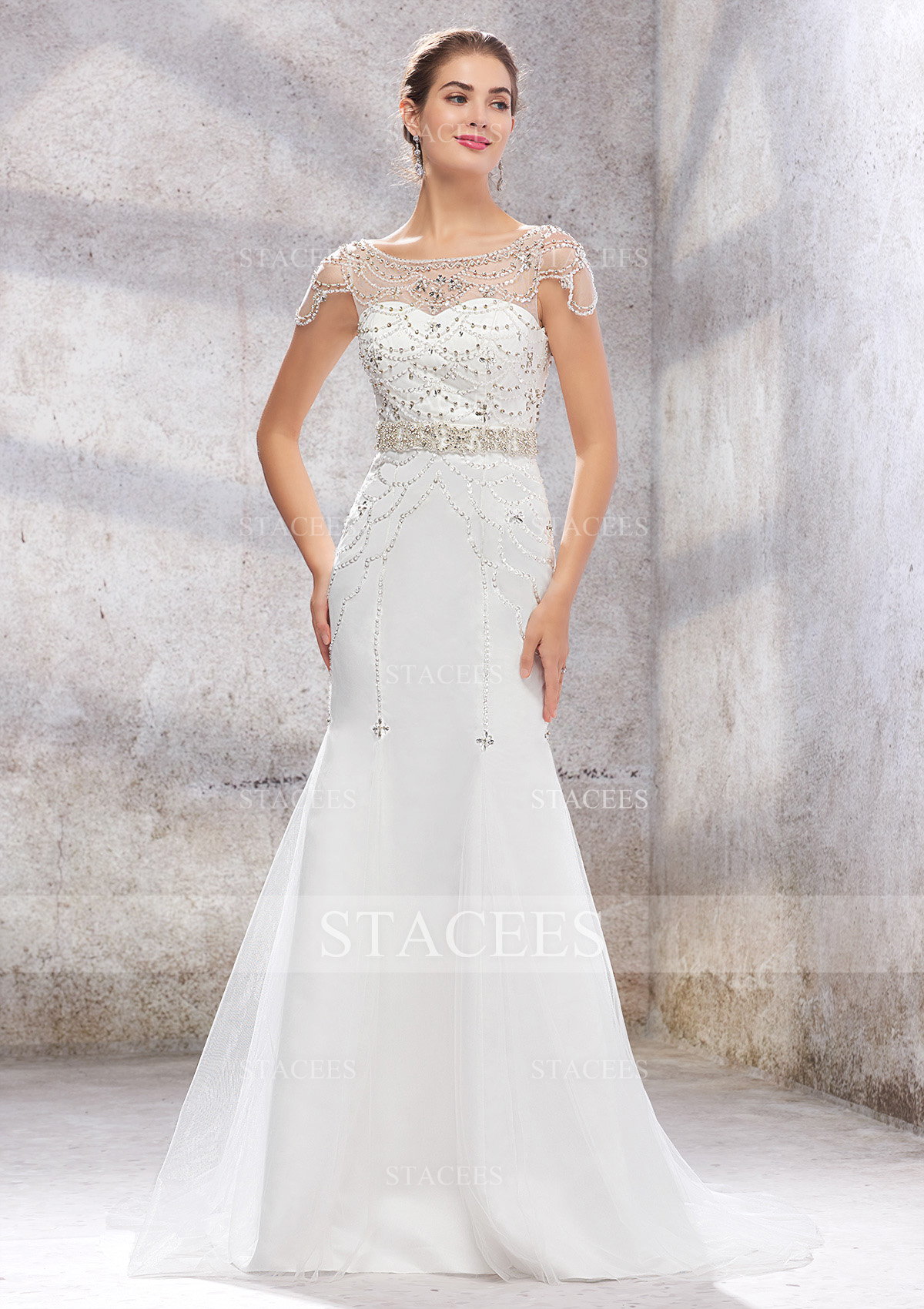 Corte trompeta/sirena escote bandeja tul cepillo tren vestido de novia