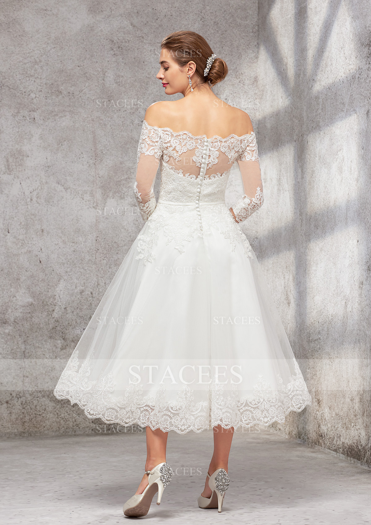 off the shoulder lace tea length wedding dress Classy A-Line Off Shoulder Lace Up Tea Length Pleated Satin Wedding Guest  Dress