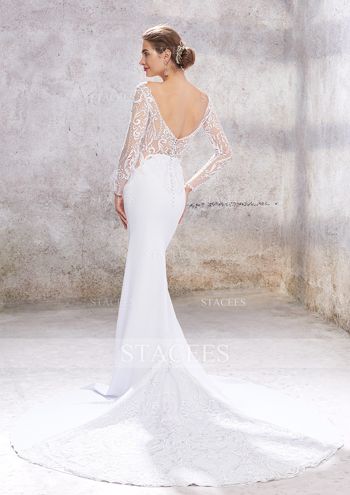 long sleeve white crepe dress Stacees Wedding Dress Trumpet/Mermaid Off the Shoulder Full/Long Sleeve Chapel Train Stretch Crepe Embroidery