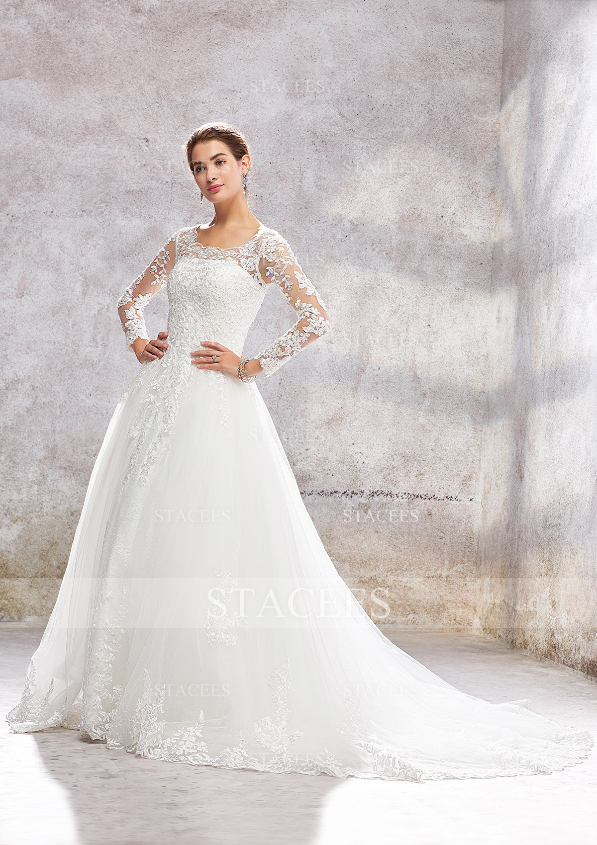 Ivory Ball Gown Princess A-line Scoop Neck Full/Long Sleeve Court Train Lace Tulle Wedding Dress With Beading Sequins - STACEES