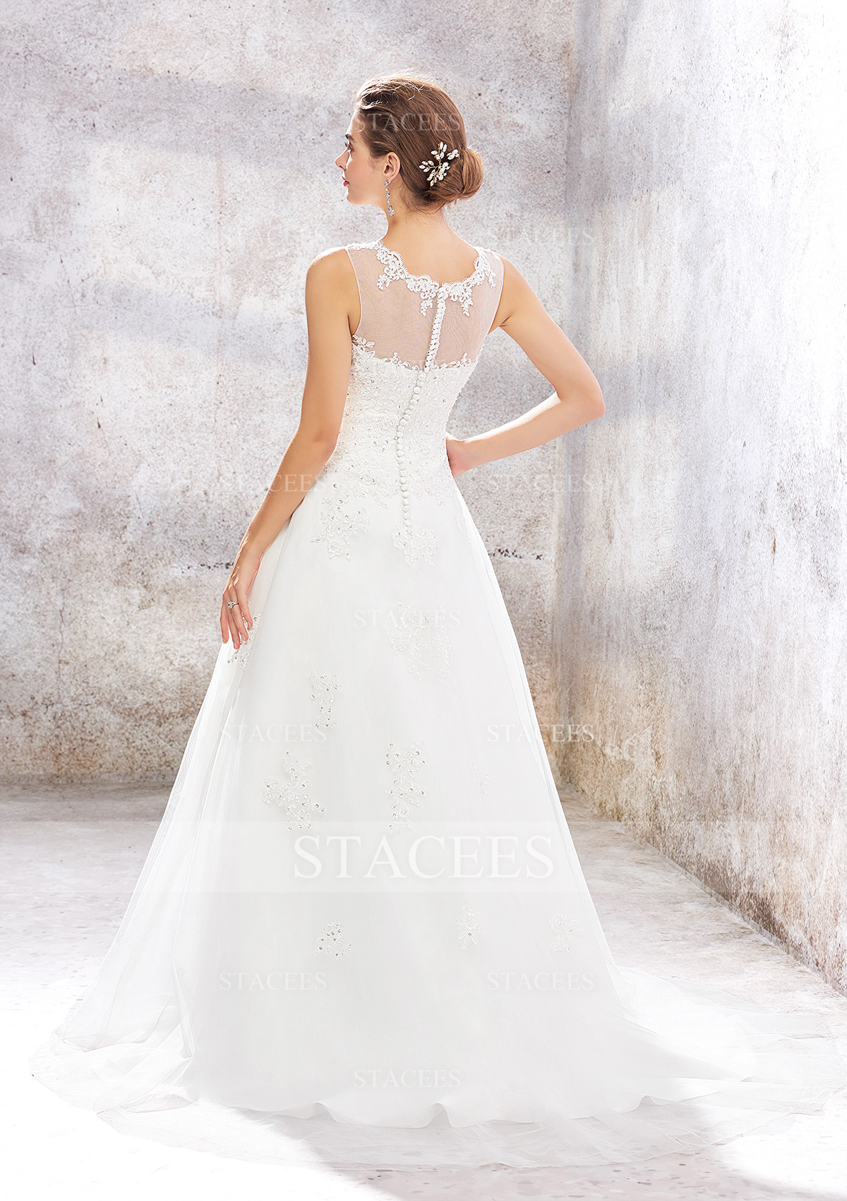 Ivory Ball Gown Princess Illusion Neck Organza Tulle Lace Sweep Train Wedding Dress With Sequins Beading - STACEES