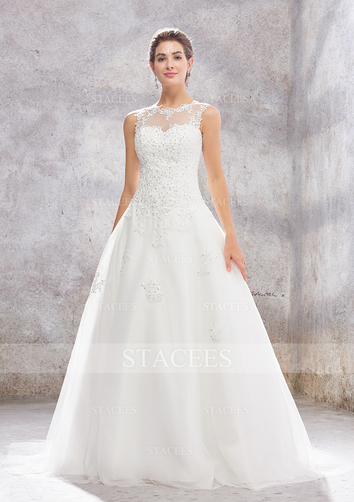 Ivory Ball Gown Princess Illusion Neck Organza Tulle Lace Sweep Train Wedding Dress With Sequins Beading - STACEES