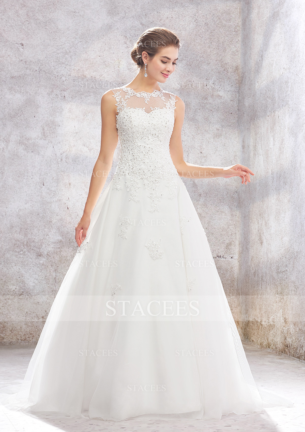 Ivory Ball Gown Princess Illusion Neck Organza Tulle Lace Sweep Train Wedding Dress With Sequins Beading - STACEES