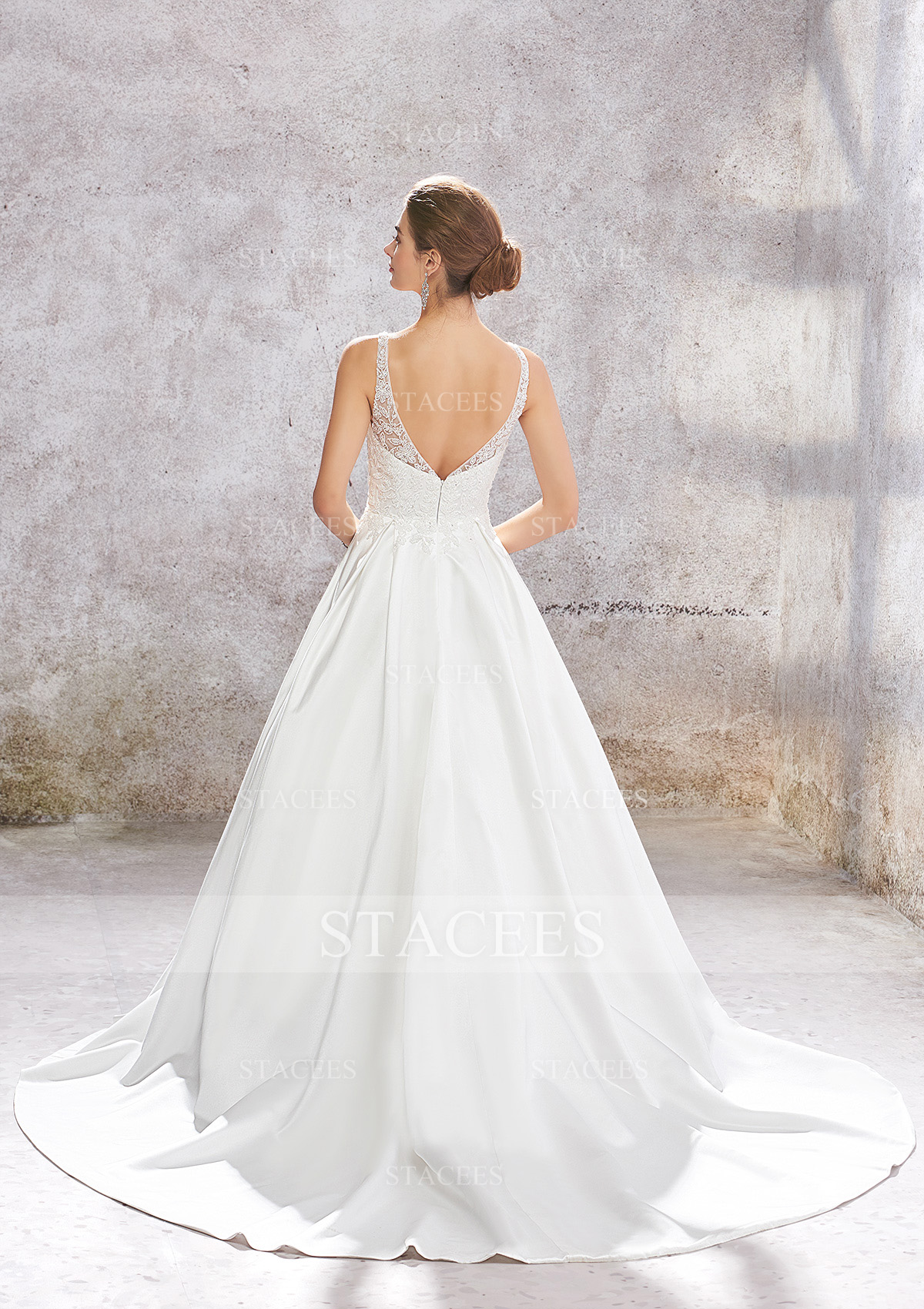 Ivory Ball Gown Princess V Neck Chapel Train Satin Wedding Dress With Lace Sequins Beading Appliques - STACEES