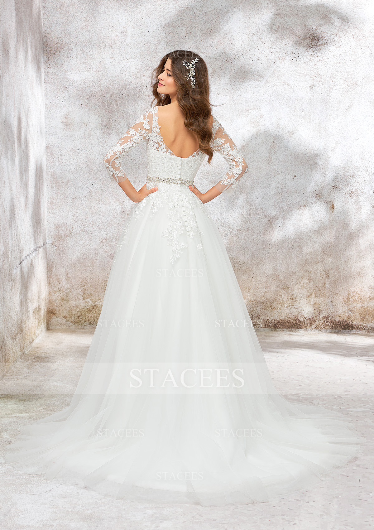 Ivory Ball Gown Illusion Neck Full/Long Sleeve Chapel Train Tulle Wedding Dress With Waistband Lace Beading Appliques - STACEES